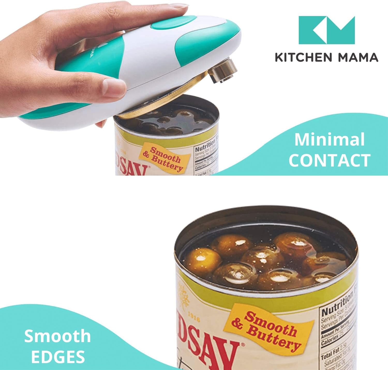 Kitchen Mama Auto Electric Can Opener – Hands-Free, Smooth Edge, Battery Operated, Food-Safe, Arthritis-Friendly, YES YOU CAN (Teal)