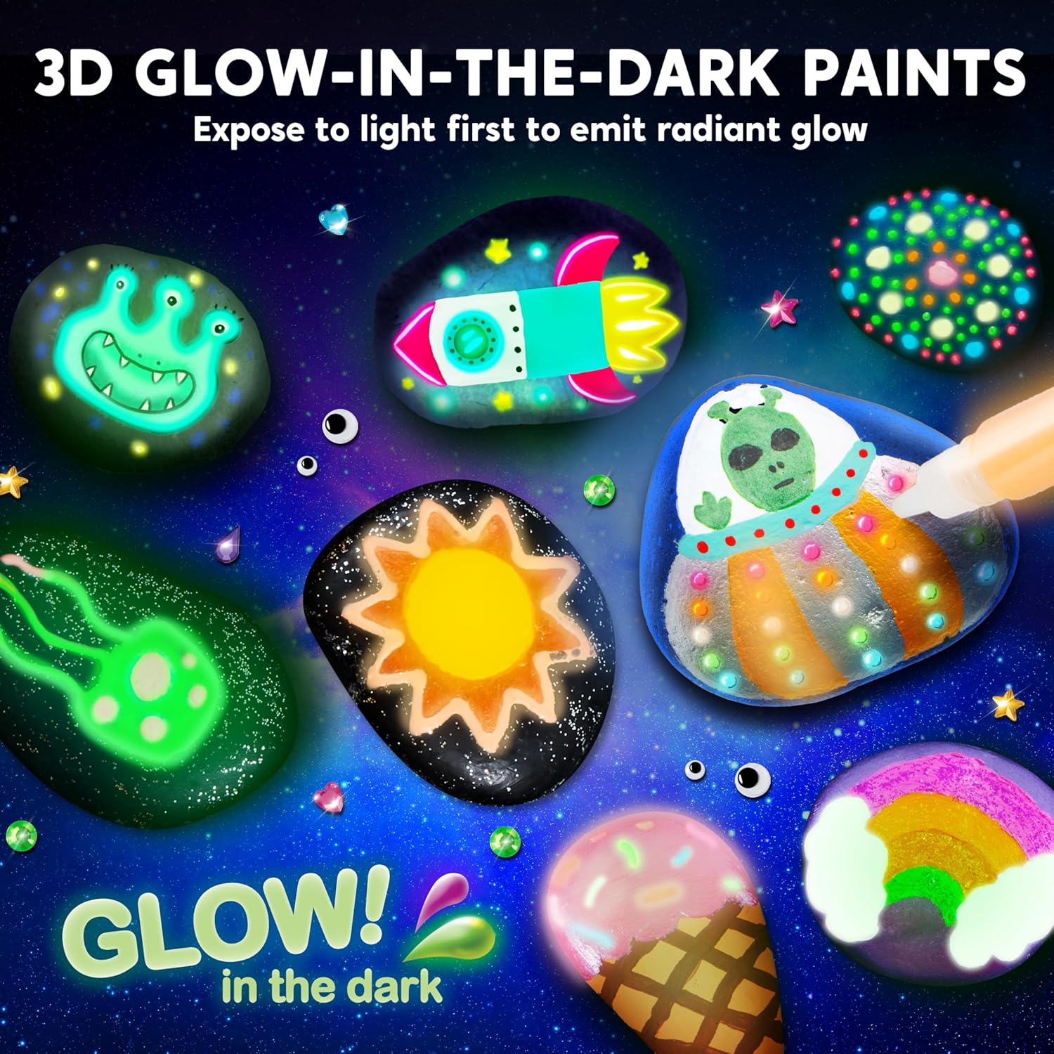 JOYIN Glow-in-the-Dark Rock Painting Kit – Arts & Crafts Set for Kids Ages 6-12 | Creative Painting Supplies for Birthday Gifts, Stocking Stuffers, and Holiday Fun - Ballimart