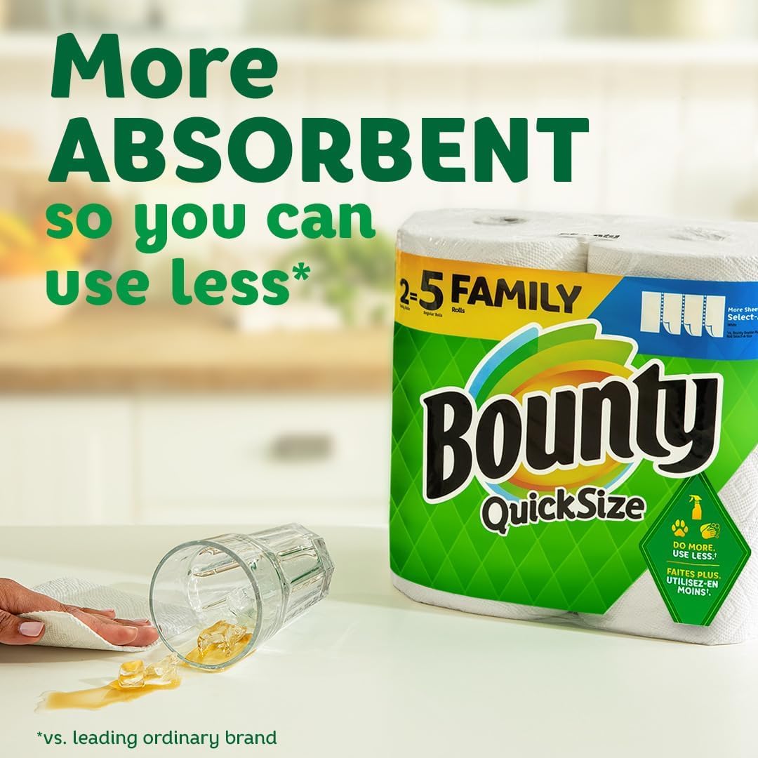 Bounty Quick Size Paper Towels – 16 Family Rolls (Equals 40 Regular Rolls) | Ultra-Absorbent, Quick-Clean Towels for Speedy Mess Pick-Up | White