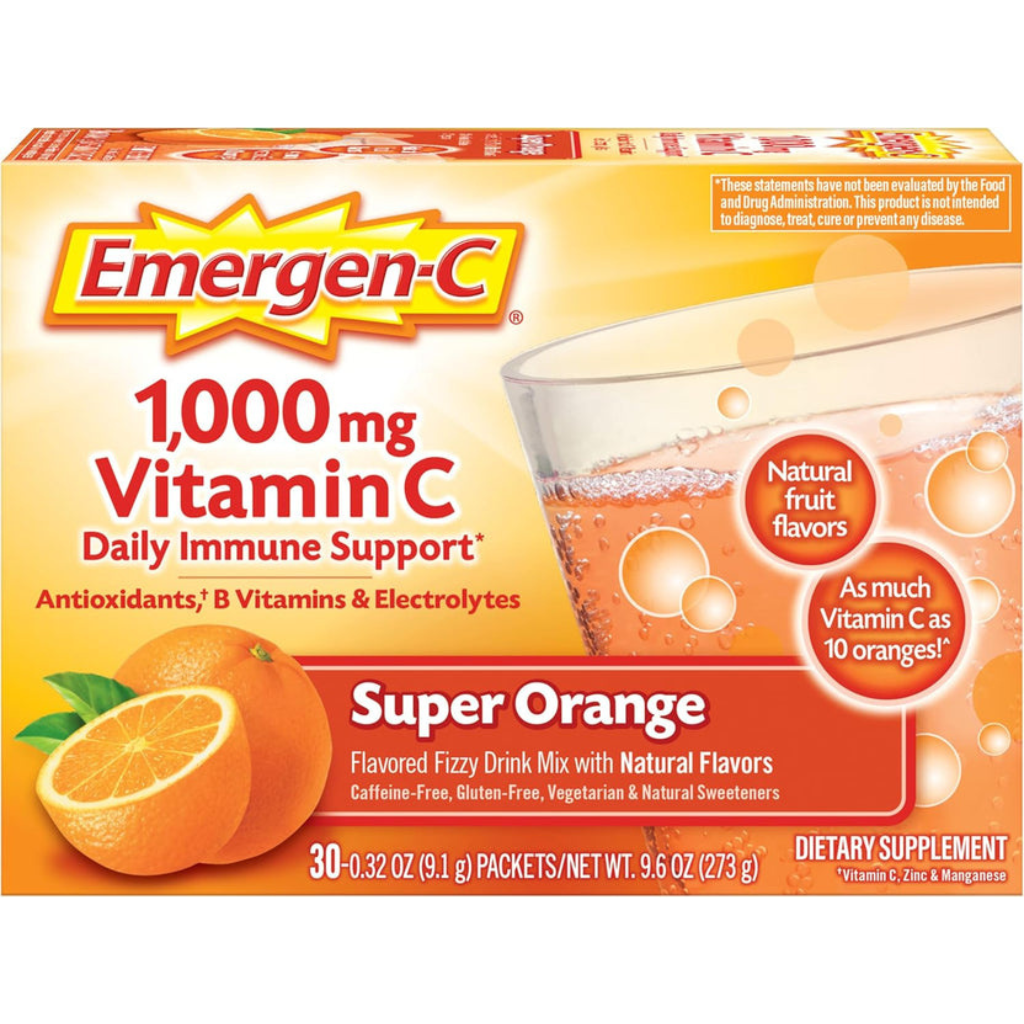 Box of Emergen-C Vitamin C supplement with orange flavor on a white background