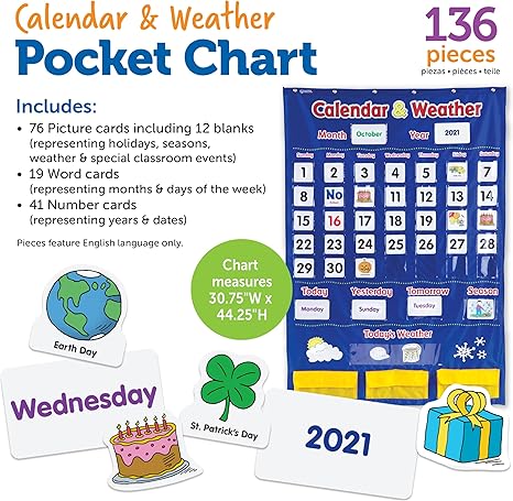 Learning Resources Calendar & Weather Pocket Chart | Classroom Chart with 136 Double-Sided Cards | Teacher Supplies for Preschool, Kindergarten & Beyond