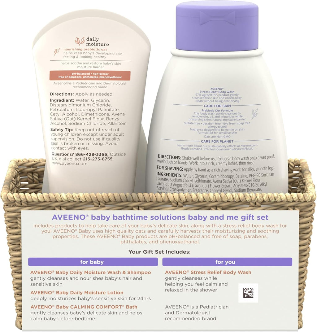 Aveeno Baby & Me Gift Set – Baby Wash & Shampoo, Calming Comfort Bath, Daily Moisture Lotion, and Stress Relief Body Wash for Mom – Oatmeal-Enriched, Hypoallergenic, 4-Piece Bundle