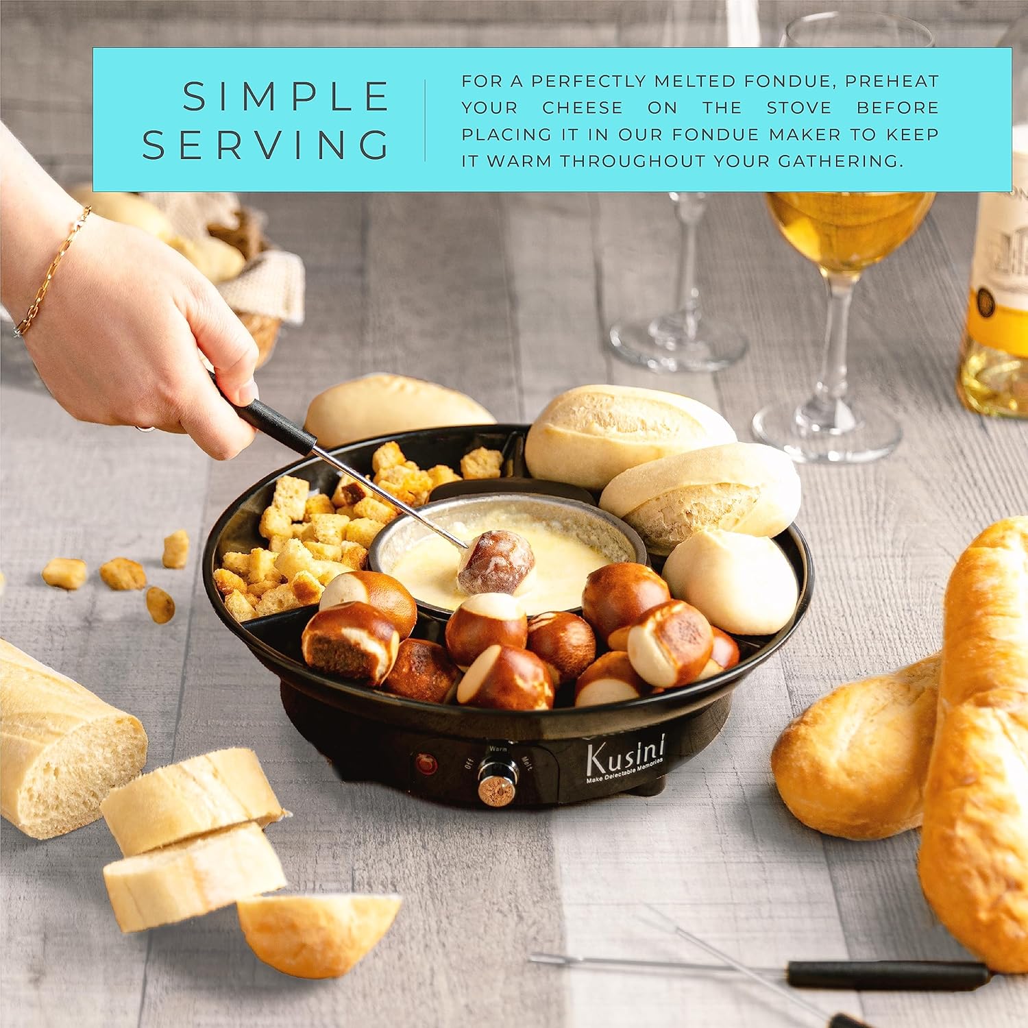 Title Kusini Electric Fondue Pot Set – Chocolate Fondue Kit with Temperature Control, Detachable Serving Trays & 4 Roasting Forks – Ideal for Date Nights, Movie Nights & Game Nights