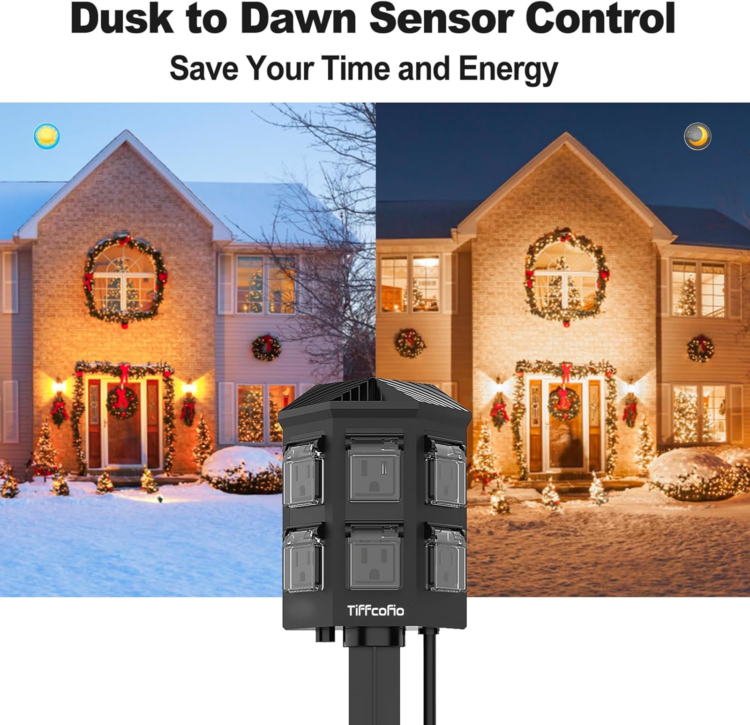 Title Outdoor Power Stake Timer with 100FT Remote Control – Dusk to Dawn, Waterproof Christmas Light Timer, 6 Grounded Outlets, 6FT Extension Cord, ETL Listed