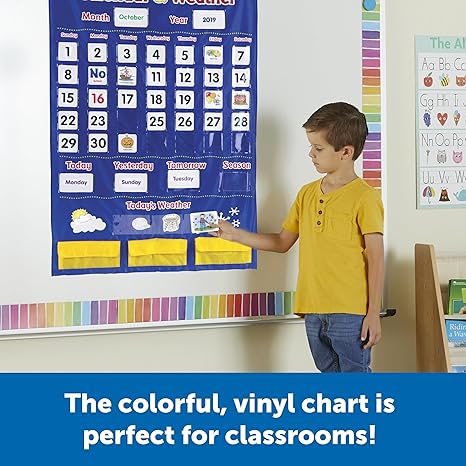 Learning Resources Calendar & Weather Pocket Chart | Classroom Chart with 136 Double-Sided Cards | Teacher Supplies for Preschool, Kindergarten & Beyond