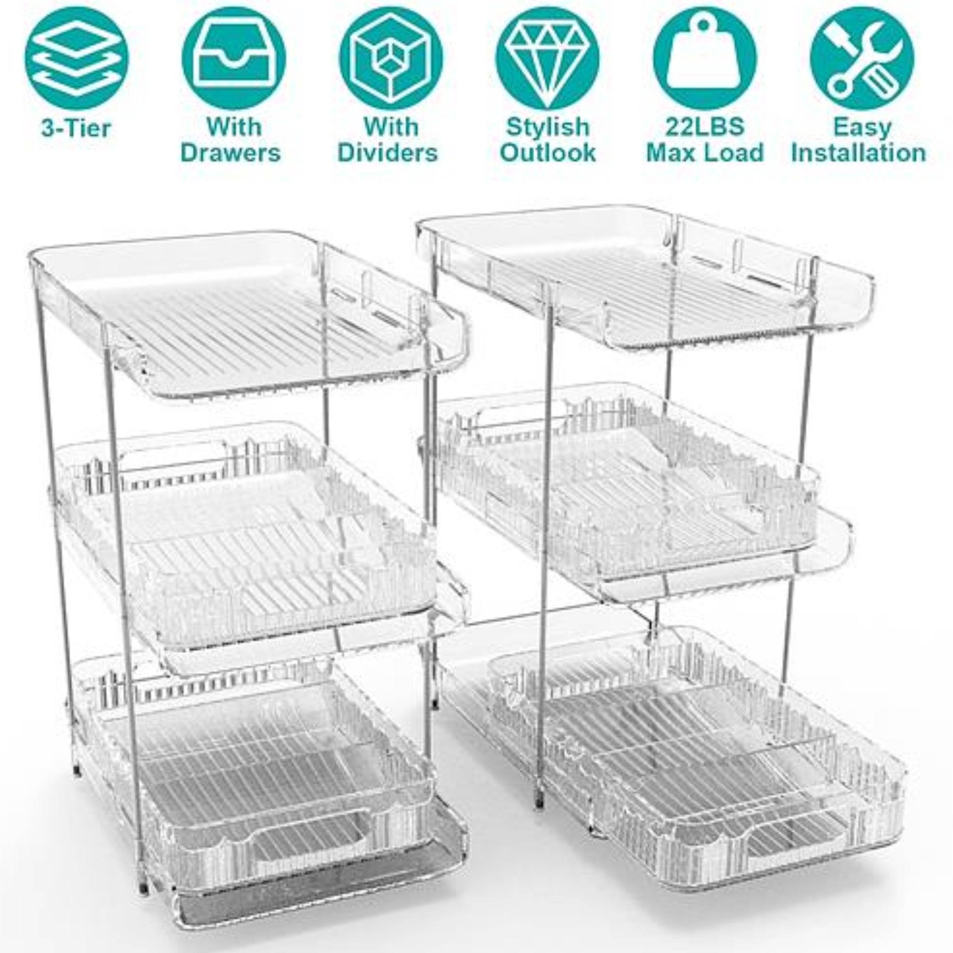 NewHome 2 Packs 3 Tier Clear Bathroom Organizer with Drawers