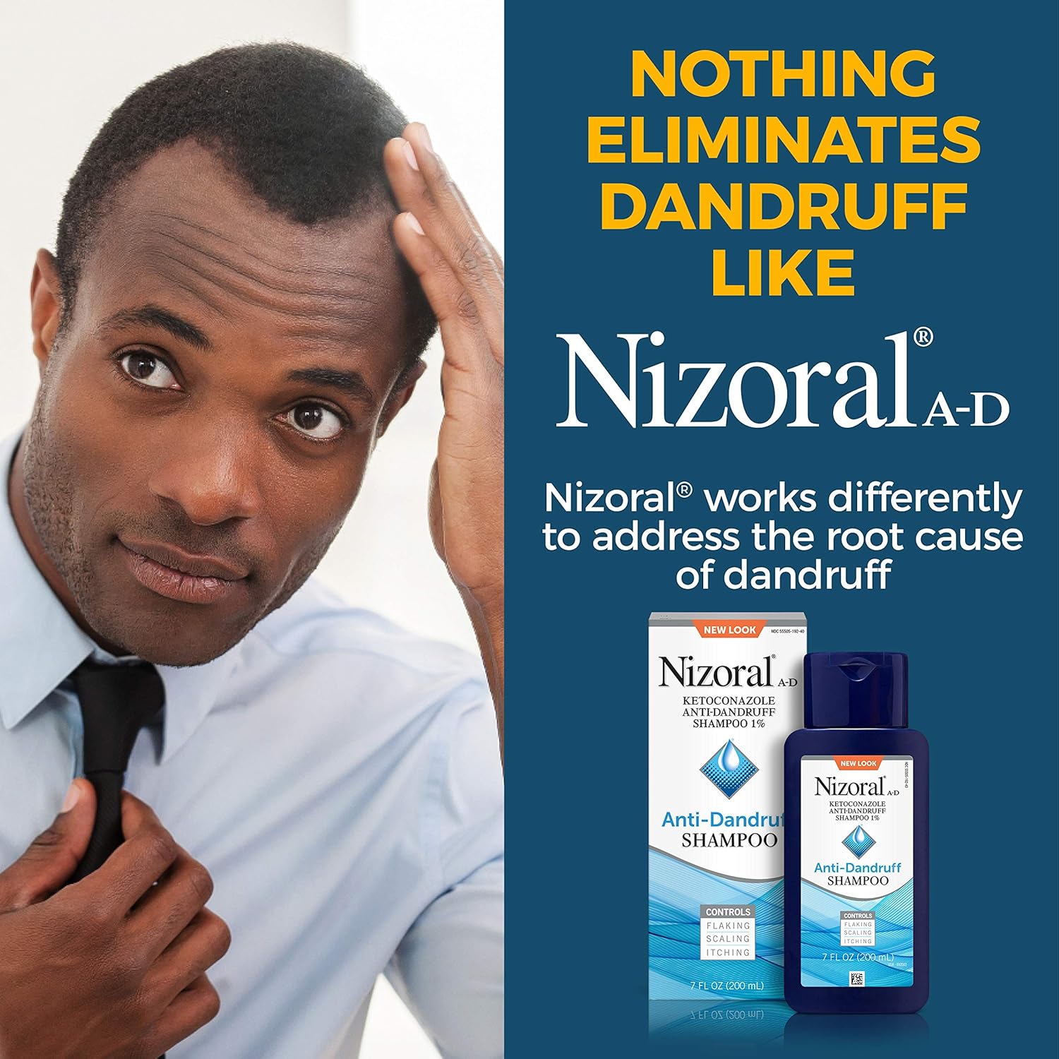 "Fight dandruff with Nizoral Anti-Dandruff Shampoo. Powered by 1% Ketoconazole, it controls flaking, scaling, and itching while leaving hair soft and fresh."