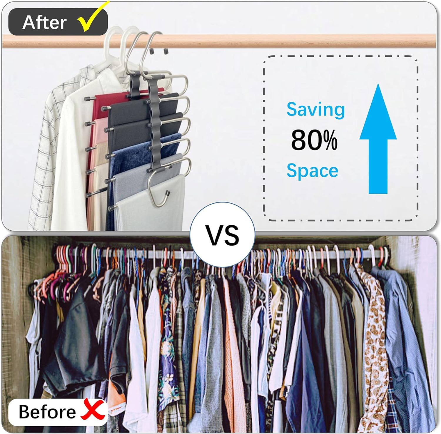 Magic Pants Hangers Space-Saving Organizer – 2-Pack Multi-Layered Closet Racks with 10 Metal Clips for Jeans, Trousers, Scarves & More - Ballimart