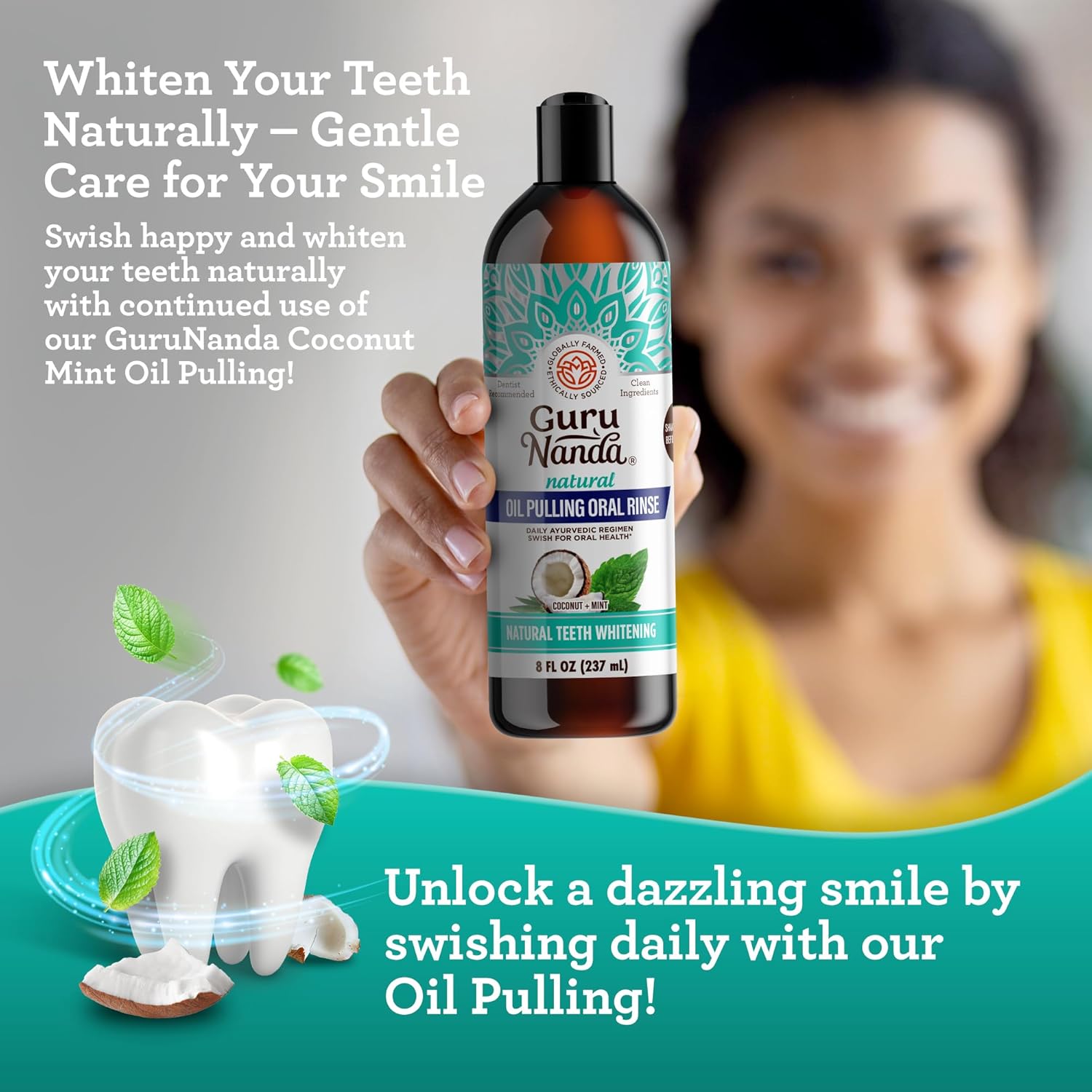 Title GuruNanda Coconut Oil Pulling Mouthwash with 7 Essential Oils & Vitamins – Alcohol-Free, Fresh Breath & Teeth Whitening, 8 oz