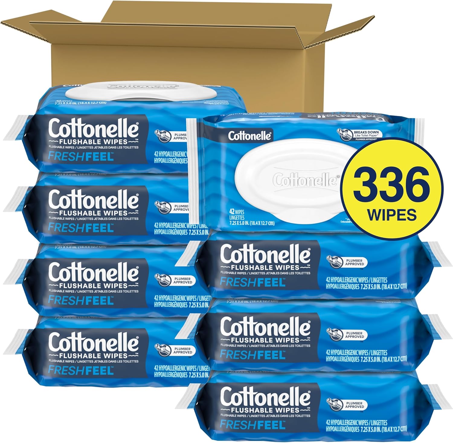 Cottonelle Fresh Feel Flushable Wet Wipes, 8 Flip-Top Packs (336 Wipes Total) | Septic-Safe & Hypoallergenic