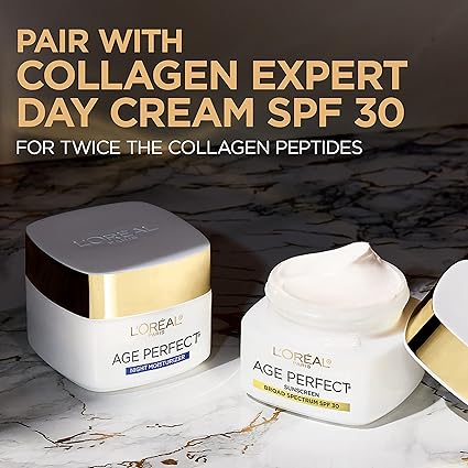 L'Oreal Paris Age Perfect Collagen Expert Night Moisturizer with Collagen Peptides and Niacinamide – Anti-Aging &amp; Anti-Wrinkle Hydrating Cream for Mature Skin, 2.5 oz