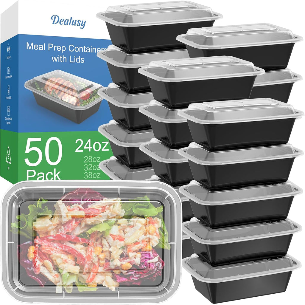 Dealusy 50 Pack (100-Piece) 24 oz Meal Prep Containers with Lids - Reusable, Leakproof, & Food Safe