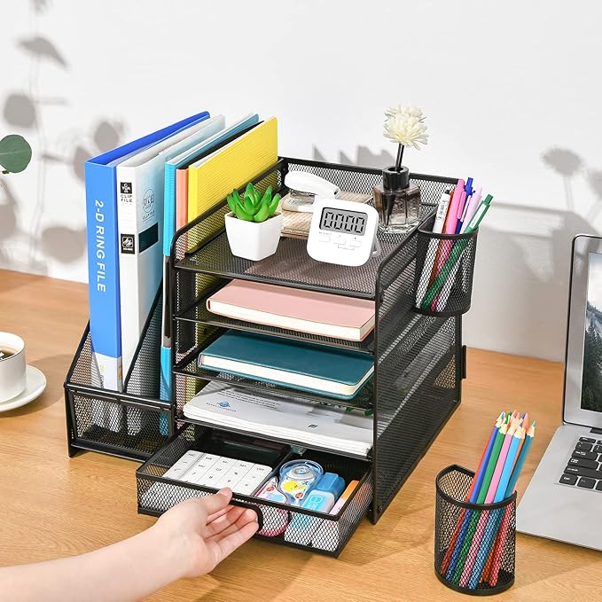 Marbrasse Desk Organizer with File Holder | 5-Tier Letter Tray, Drawer & 2 Pen Holders | Mesh Desktop Organizer for Office Supplies & Magazine Storage (Black)