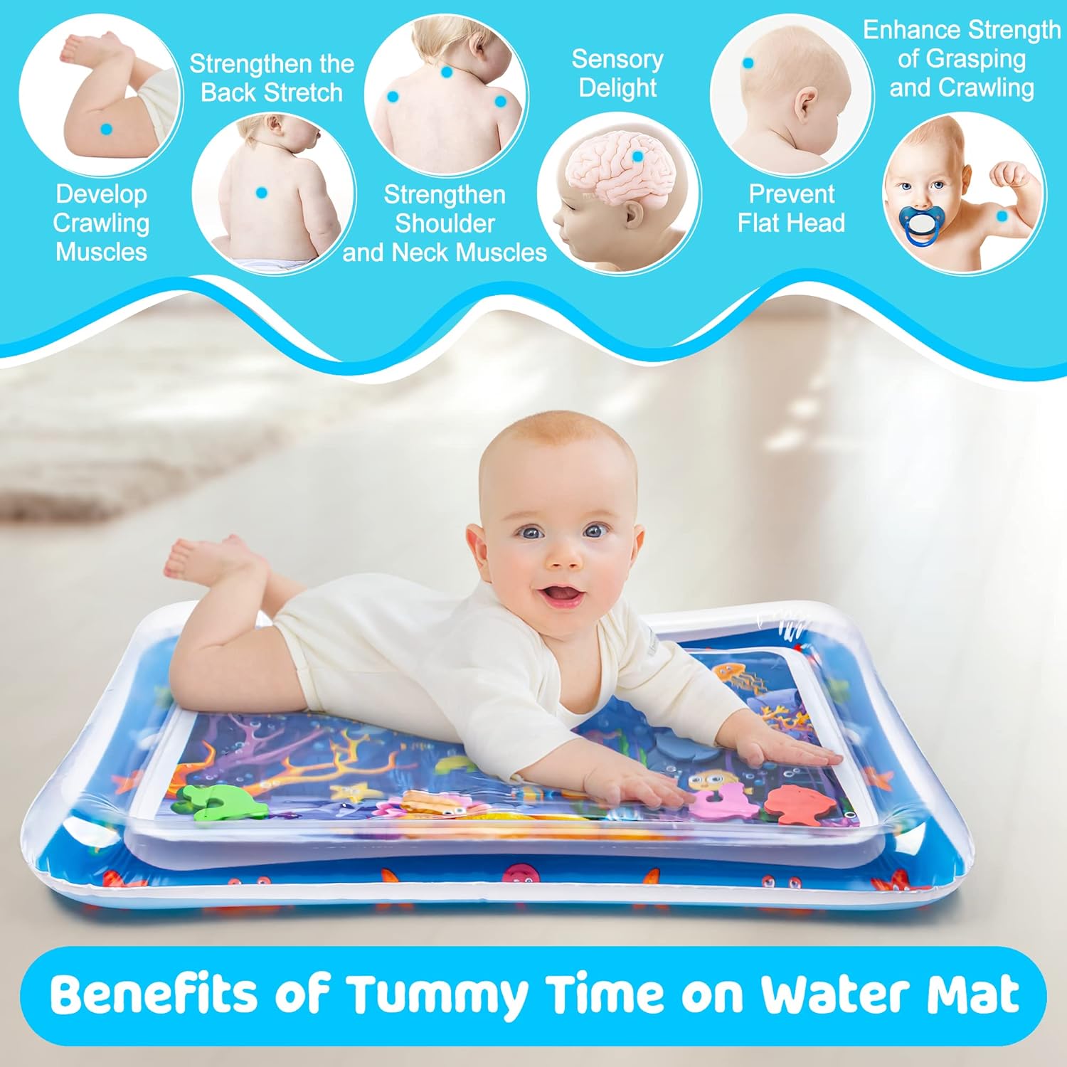 Inflatable Tummy Time Water Play Mat for Babies & Infants | Developmental Baby Toys for 3 to 12 Months | Portable & Sensory Baby Gift