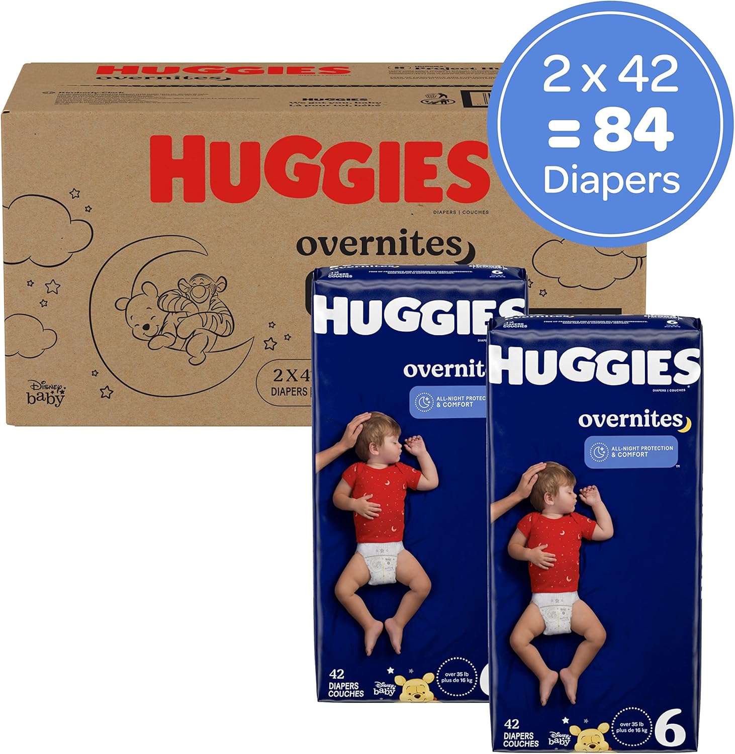 Huggies Overnites Size 6 Baby Diapers – Ultra Absorbent, Nighttime Leak Protection, Comfortable Fit (84 Count, 35+ lbs)