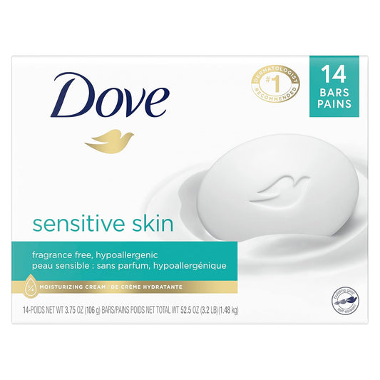 Dove Beauty Bar – More Moisturizing Than Bar Soap, Fragrance-Free & Hypoallergenic for Sensitive Skin, 3.75 oz, 14 Bars