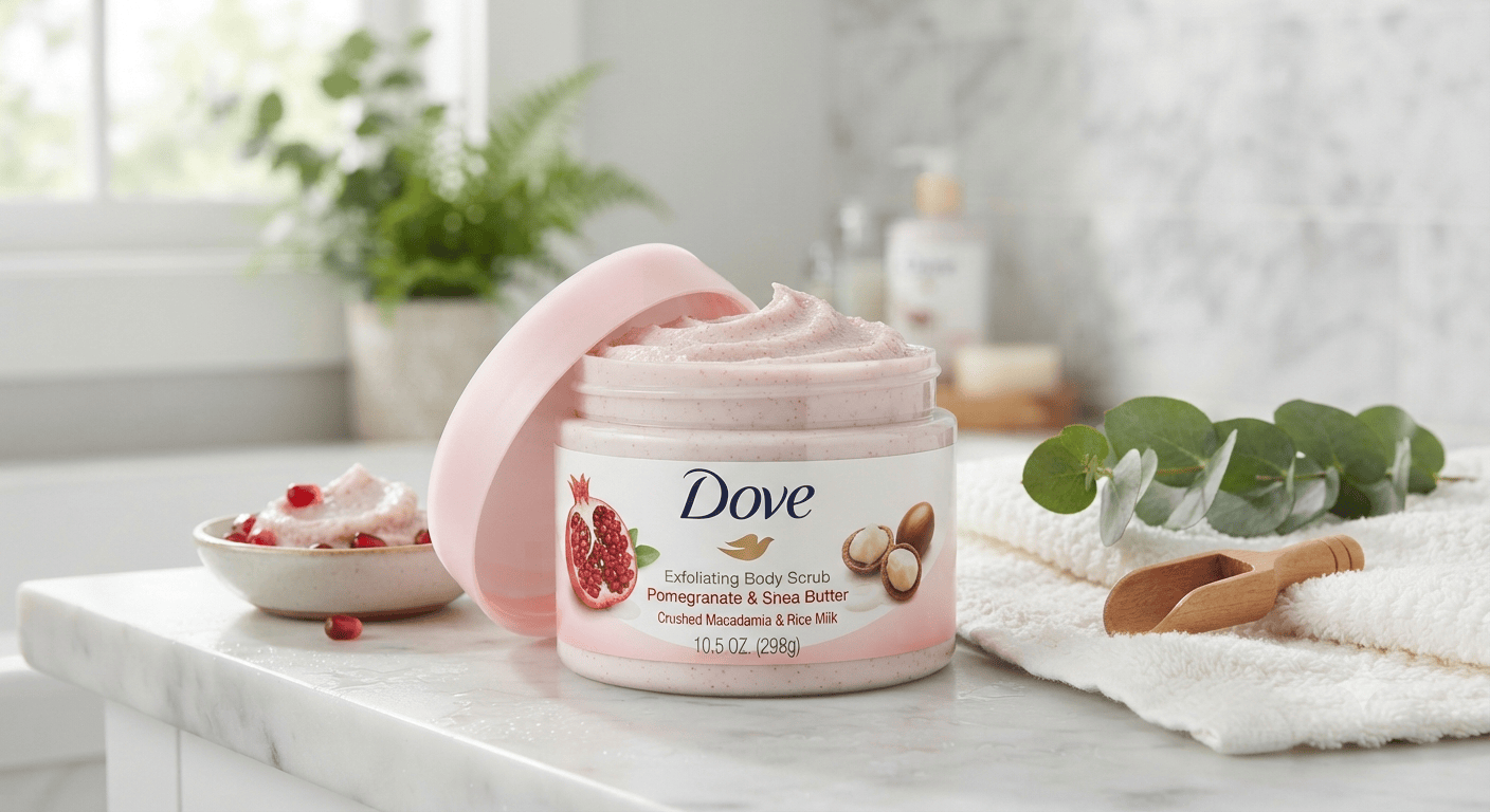 A jar of Dove Exfoliating Body Scrub with pomegranate and shea butter, shown open with pink scrub visible, styled on a marble countertop with a bowl of scrub, greenery, and a towel in a bright bathroom setting.