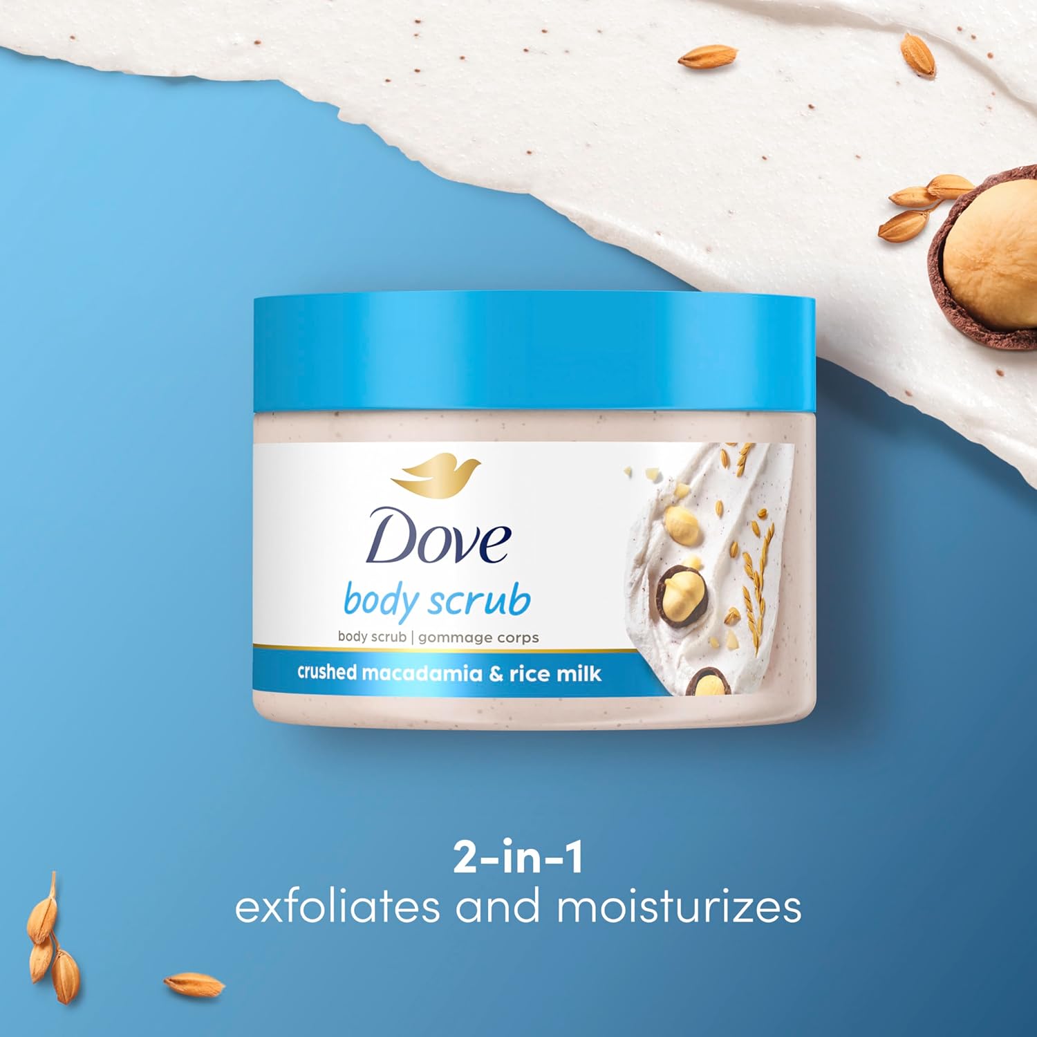 Dove Skincare Duo: Macadamia & Rice Milk Body Scrub and Sensitive Skin Beauty Bar Gentle Care for Radiant Skin