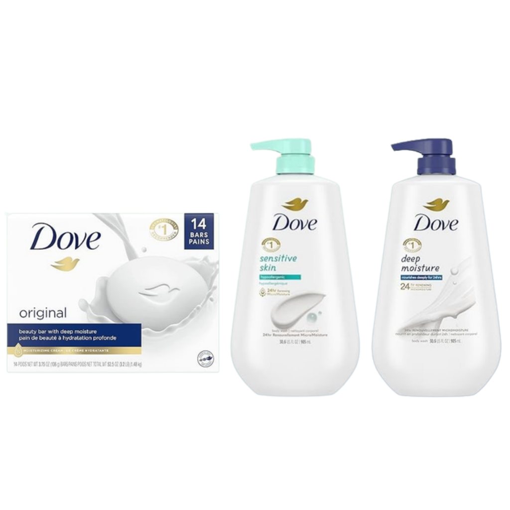 Dove soap bars and liquid products on a white background