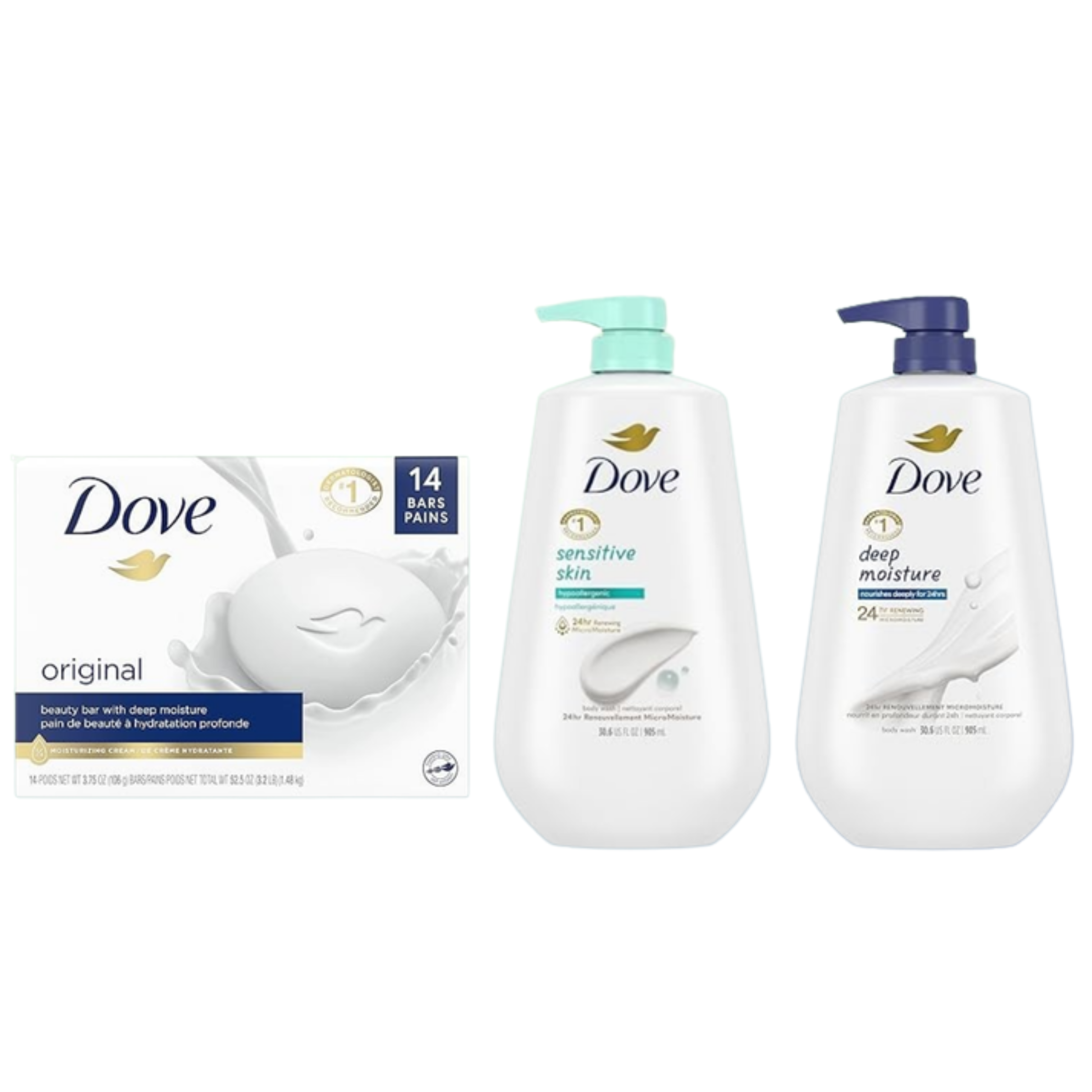 Dove soap bars and liquid products on a white background