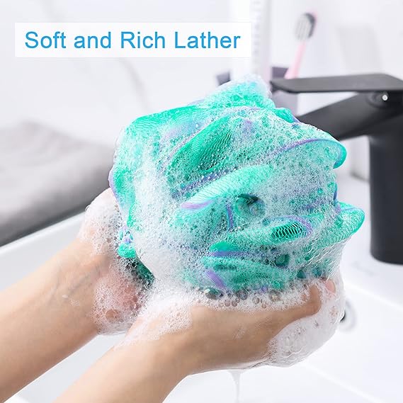 AmazerBath Large Loofah Sponge Set – 75g Exfoliating Bath Sponges with Rich Lather, Durable Knot Design, Soft Body Scrubbers for Smooth Skin – Pack of 4 (Green-Purple)