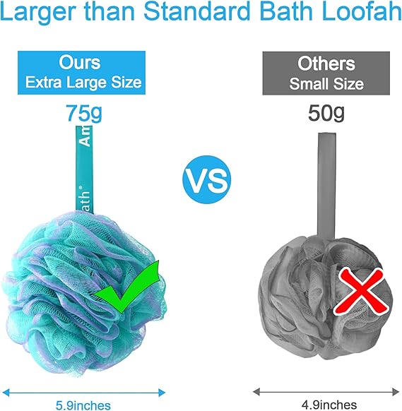 AmazerBath Large Loofah Sponge Set – 75g Exfoliating Bath Sponges with Rich Lather, Durable Knot Design, Soft Body Scrubbers for Smooth Skin – Pack of 4 (Green-Purple)