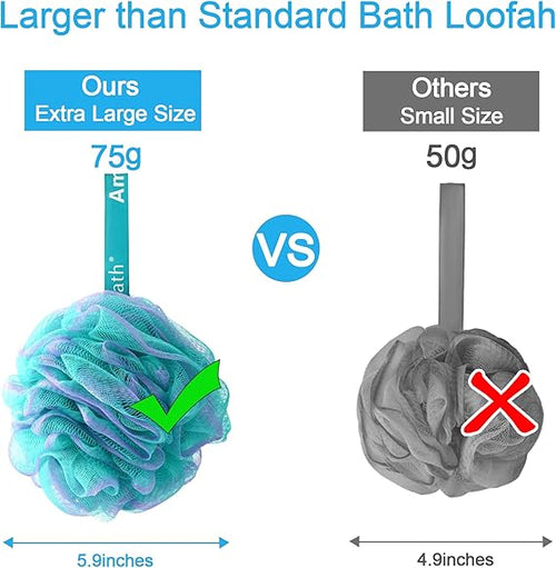 AmazerBath Large Loofah Sponge Set – 75g Exfoliating Bath Sponges with Rich Lather, Durable Knot Design, Soft Body Scrubbers for Smooth Skin – Pack of 4 (Green-Purple)