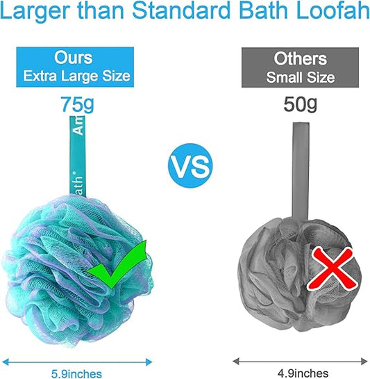 AmazerBath Large Loofah Sponge Set – 75g Exfoliating Bath Sponges with Rich Lather, Durable Knot Design, Soft Body Scrubbers for Smooth Skin – Pack of 4 (Green-Purple)