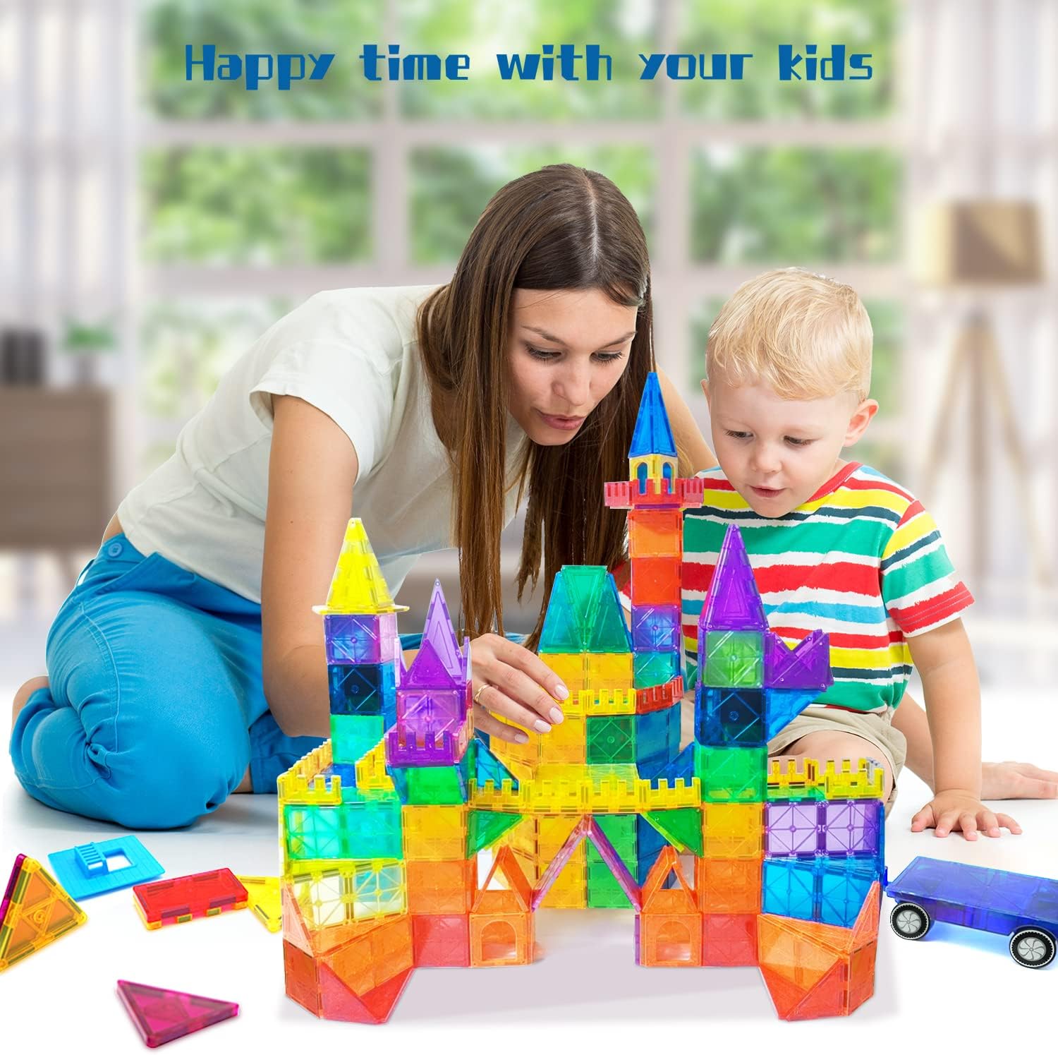 AFUNX Magnetic Building Blocks Set – 102PCS 3D Magnetic Tiles for Kids with 2 Car Bases, Educational STEM Toy for Creativity & Imagination - Ballimart