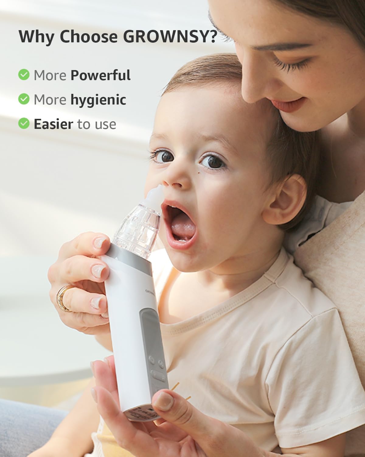 GROWNSY Nasal Aspirator for Baby – Pro Baby Nose Sucker with 3 Soft Silicone Tips, Adjustable Suction, Built-In Music & Light Soothing, USB-C Rechargeable