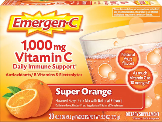 Emergen-C 1000mg Vitamin C Powder | Daily Immune Support | Caffeine-Free with Zinc, Manganese &amp; Electrolytes – Super Orange, 30 Packets