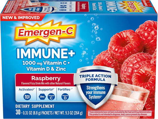 Emergen-C Immune+ Triple Action Powder – 1000mg Vitamin C, B Vitamins, BetaVia® & Antioxidants – Raspberry Flavor – 30 Packets