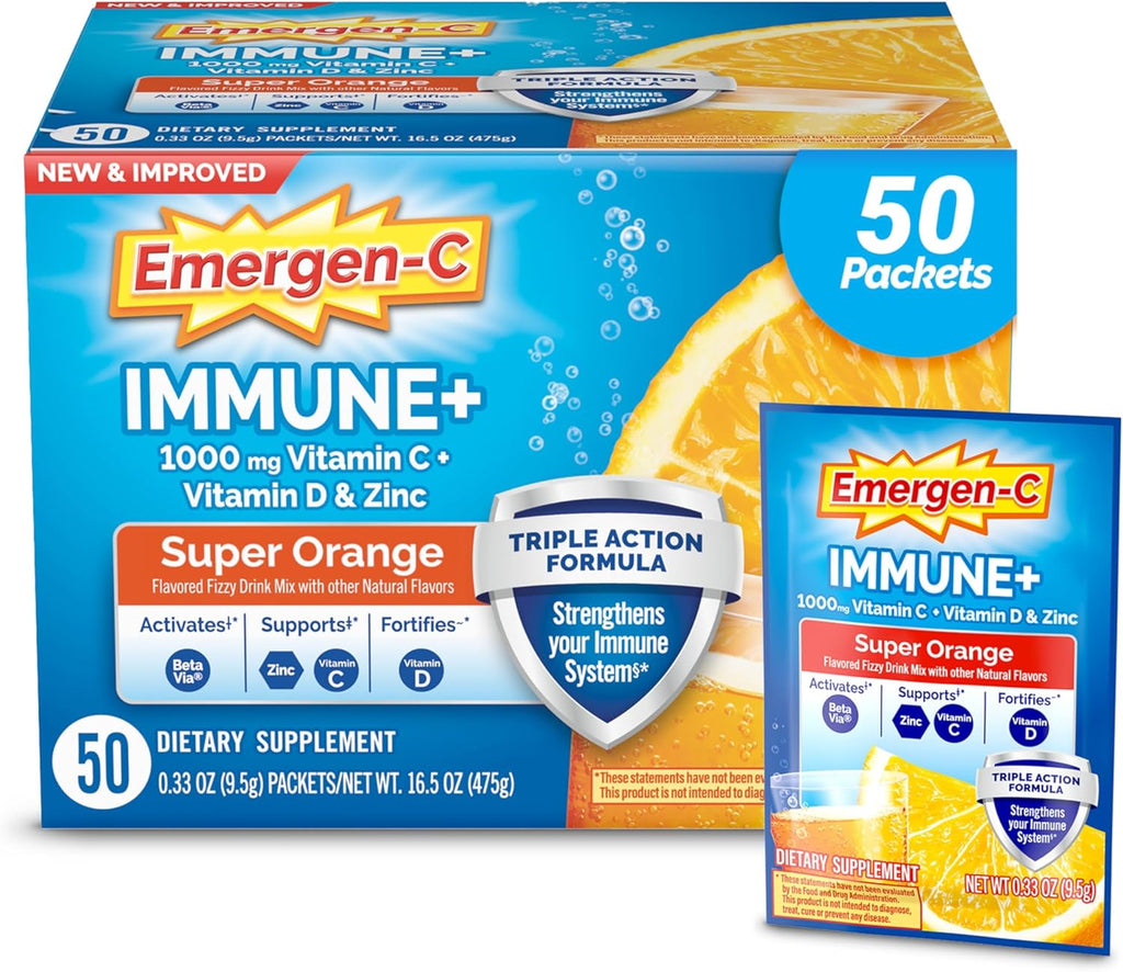 Emergen-C Immune+ Triple Action Powder – 1000mg Vitamin C, BetaVia®, B Vitamins &amp; Antioxidants – Super Orange Flavor – 50 Packets