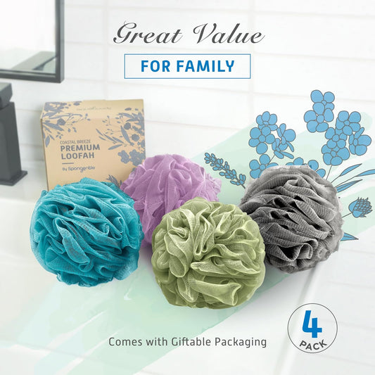 Spongentle Premium Deep Cleansing Loofah Sponge - Exfoliating Bath & Shower Body Scrubber, Pack of 4, Soft & Durable with Hanging Rope | Gentle Exfoliation for Radiant Skin, Beautiful Colors for Women & Men - Ballimart