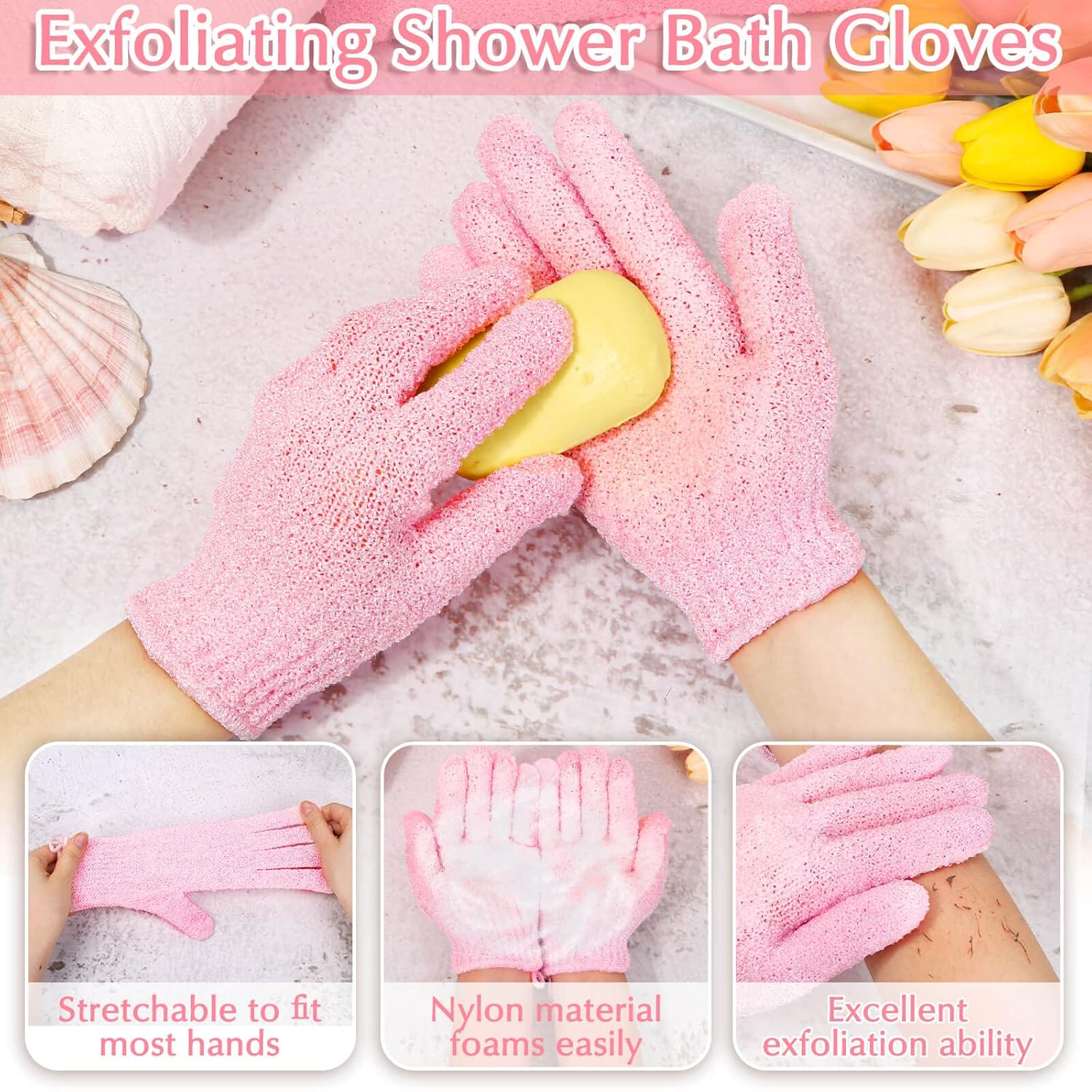 Anezus Exfoliating Shower Bath Gloves & Back Scrubber Set – Premium Pink Exfoliator for Body, Face, and Shower - Ballimart