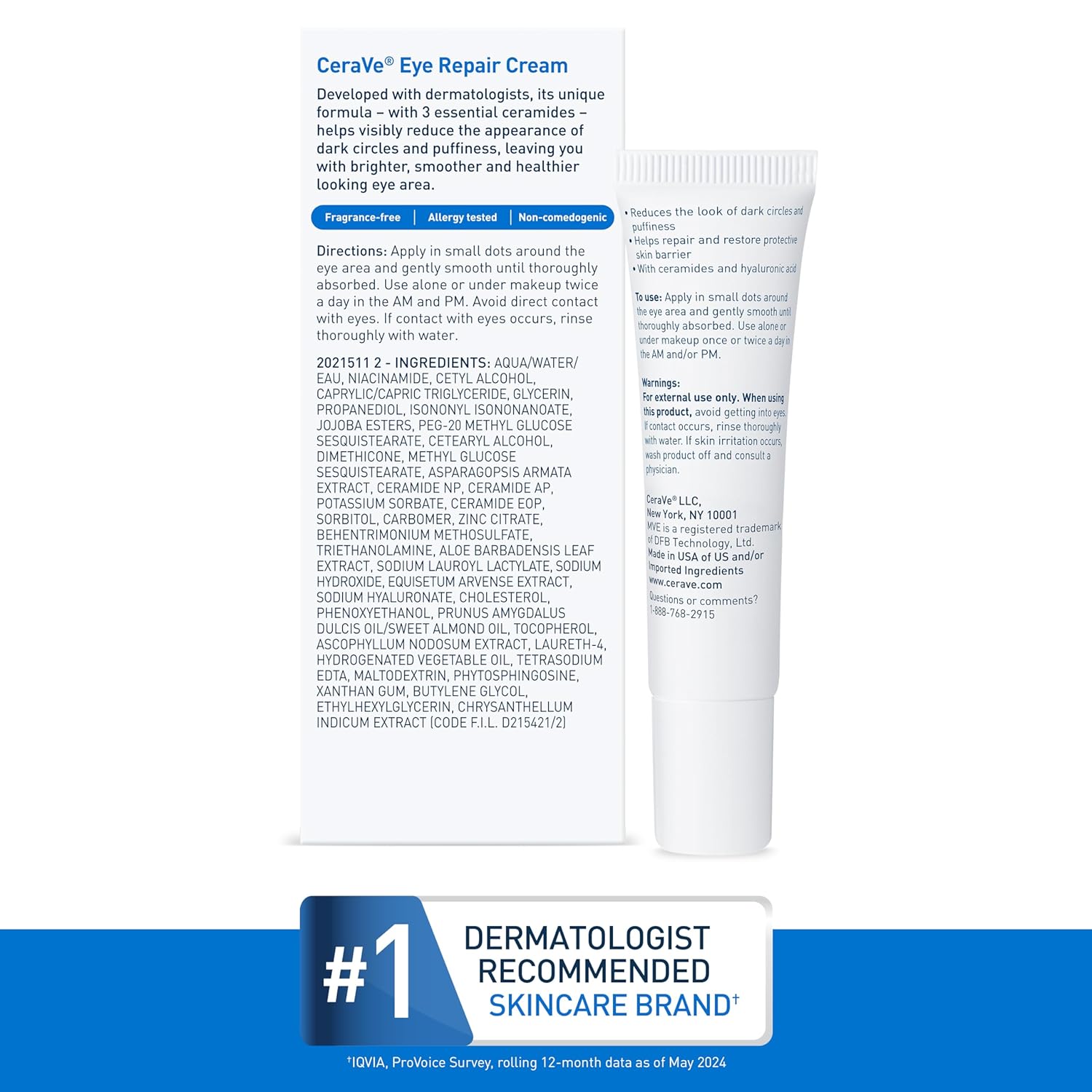 CeraVe Eye Repair Cream – Depuffing Eye Cream with Hyaluronic Acid, Niacinamide & Marine Botanical Complex, for Dark Circles & Under Eye Bags, Non-Greasy & Fragrance-Free