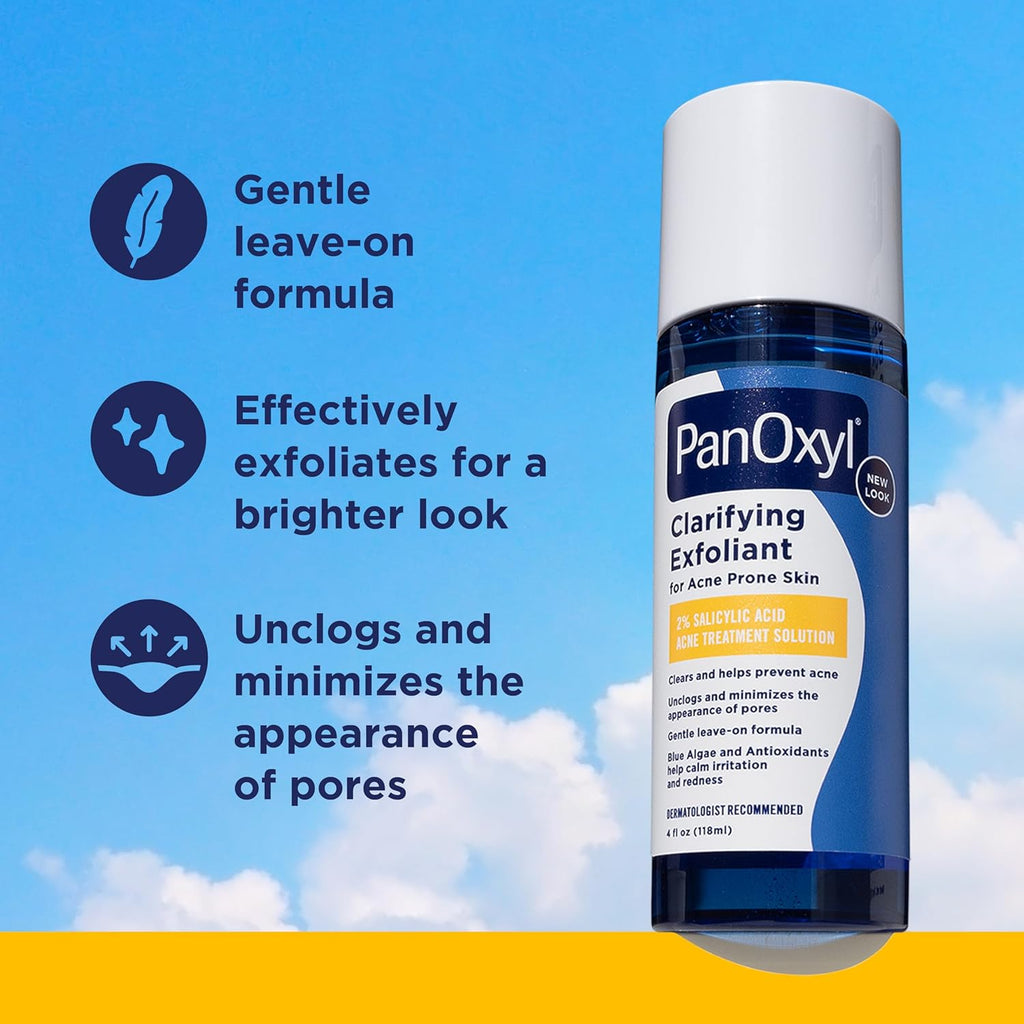PanOxyl Clarifying Exfoliant with 2% Salicylic Acid | BHA Liquid for Face | Unclogs Pores, Minimizes Redness, and Calms Acne-Prone Skin with Blue Algae & Antioxidants, 4 fl oz