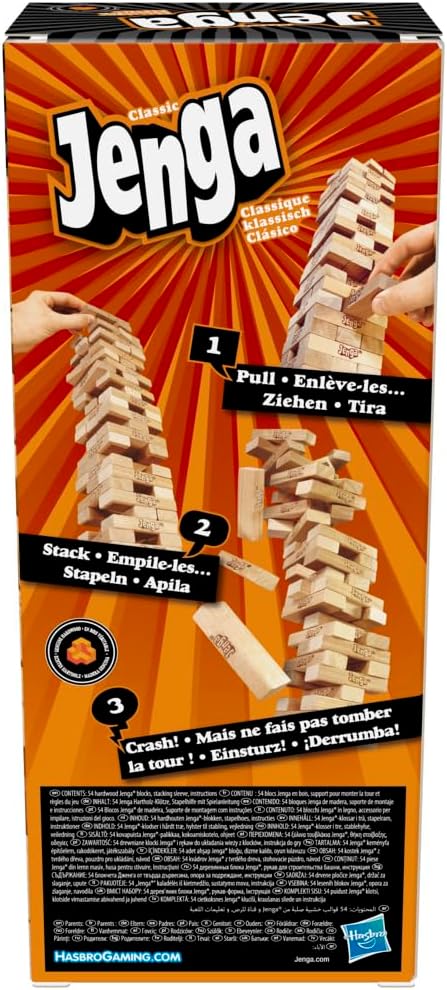 Hasbro Gaming Jenga Classic Game – Genuine Hardwood Stacking Blocks for 1+ Players, Fun Strategy Game for Kids Ages 6 and Up