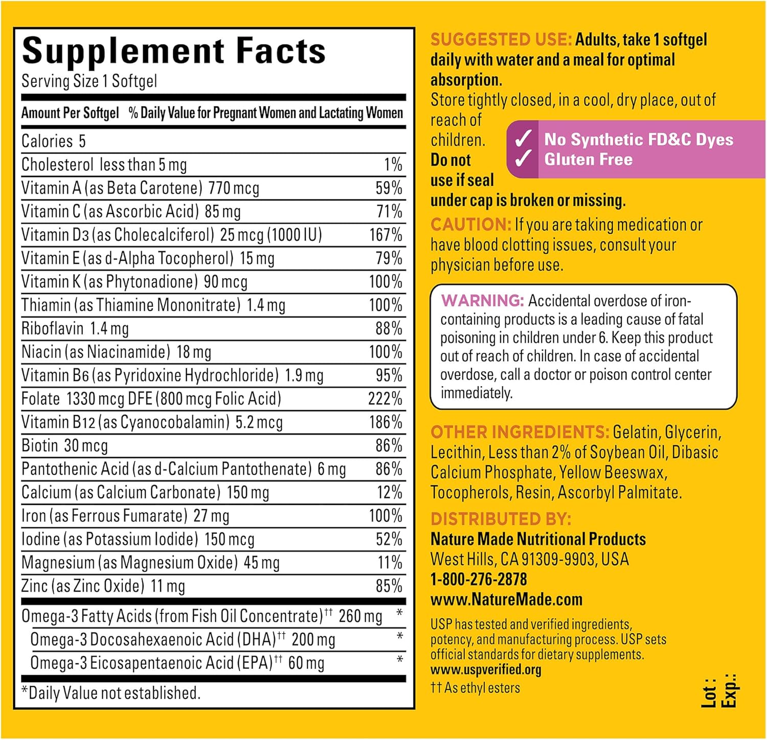 Nature Made Prenatal with Folic Acid + DHA – Multivitamin for Brain, Bone, and Eye Development, 110 Softgels for 110 Days, Non-GMO, Gluten-Free