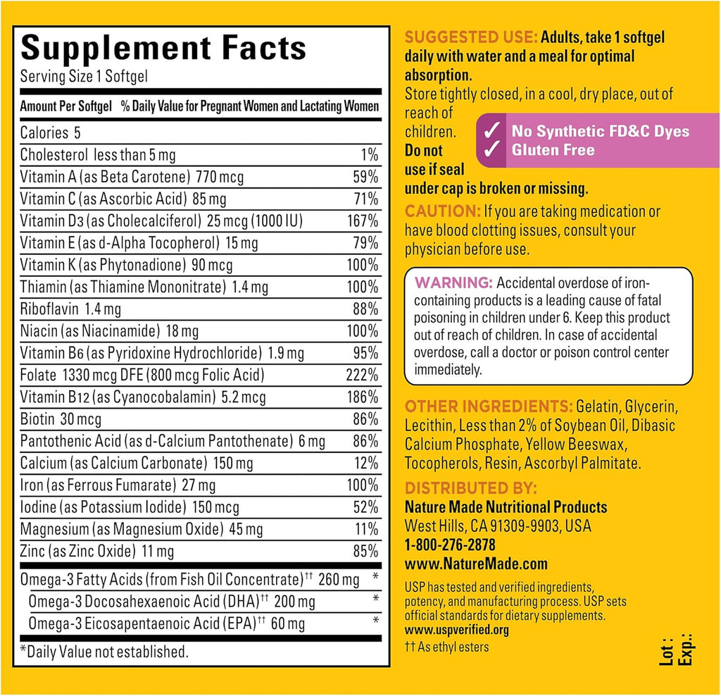 Nature Made Prenatal with Folic Acid + DHA – Multivitamin for Brain, Bone, and Eye Development, 110 Softgels for 110 Days, Non-GMO, Gluten-Free