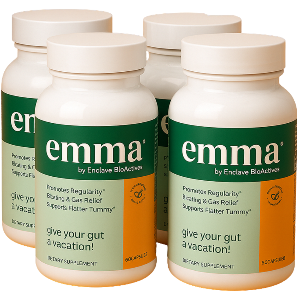 Four bottles of 'emma' dietary supplements on a white background