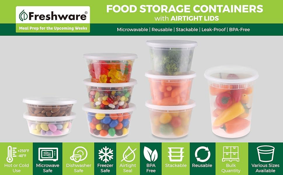 Freshware 50-Pack 16 oz Food Storage Containers with Lids – Airtight, Leak-Proof, Reusable Meal Prep Containers