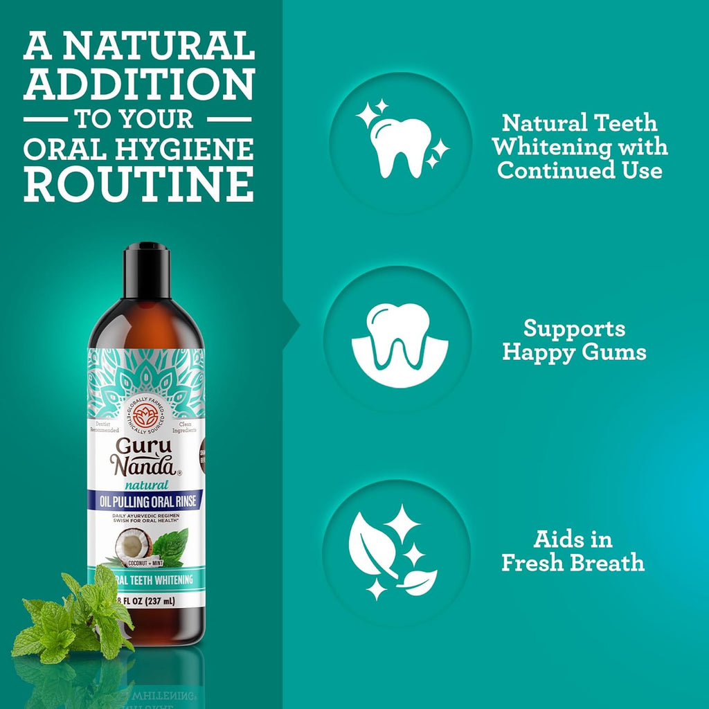 GuruNanda Coconut Oil Pulling Mouthwash with 7 Essential Oils & Vitamins – Alcohol-Free, Fresh Breath & Teeth Whitening, 8 oz