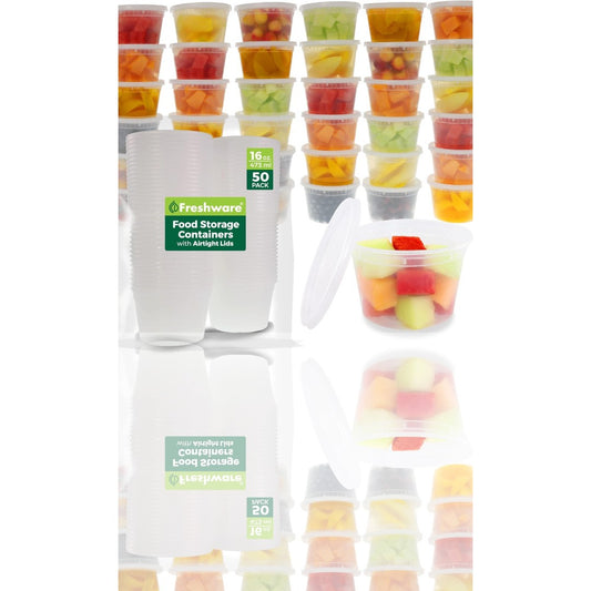 Freshware 50-Pack 16 oz Food Storage Containers with Lids – Airtight, Leak-Proof, Reusable Meal Prep Containers - Ballimart
