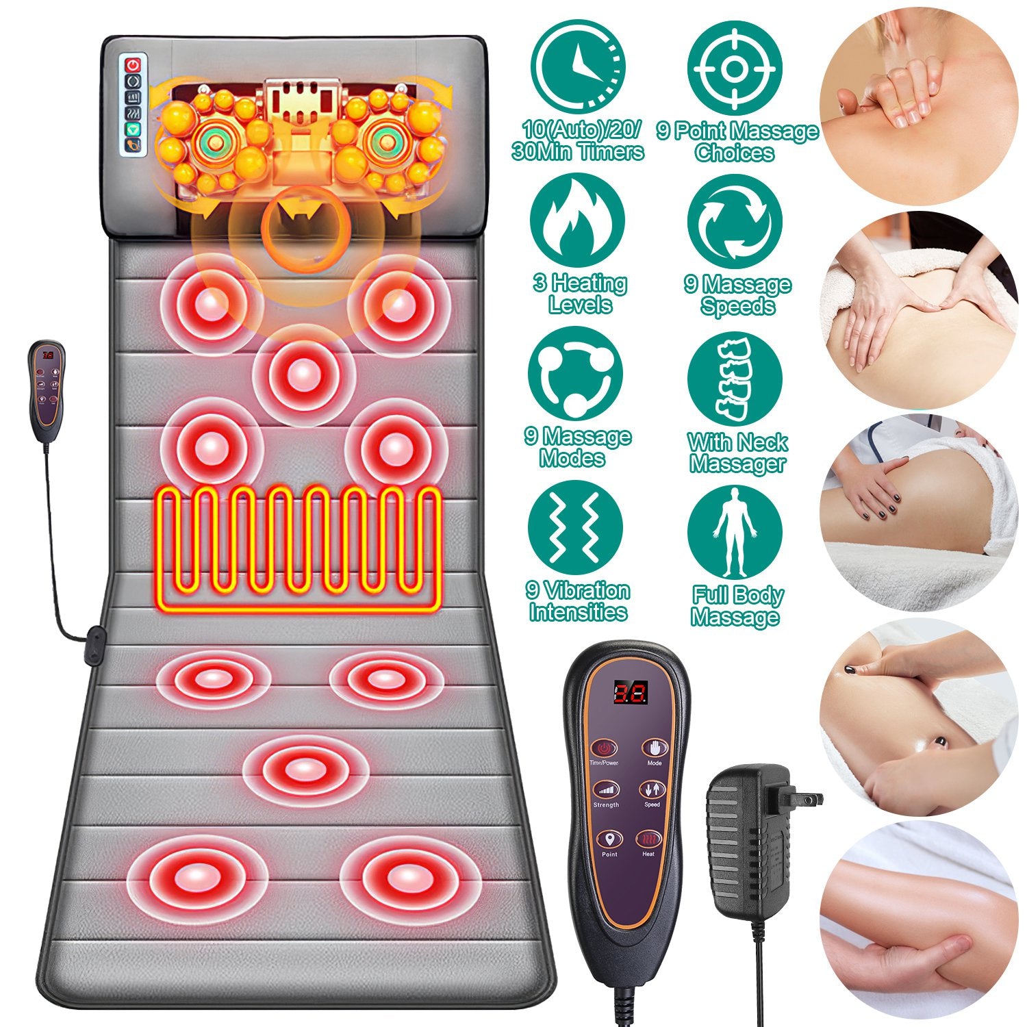 Full Body Massage Mat with Heat 10 Neck Shiatsu Kneading Massage Heads, Multifunctional Electric Heated Massage Chair Back Pad for Back Lumbar Leg Pain Relief（No shipments on weekends） - Ballimart