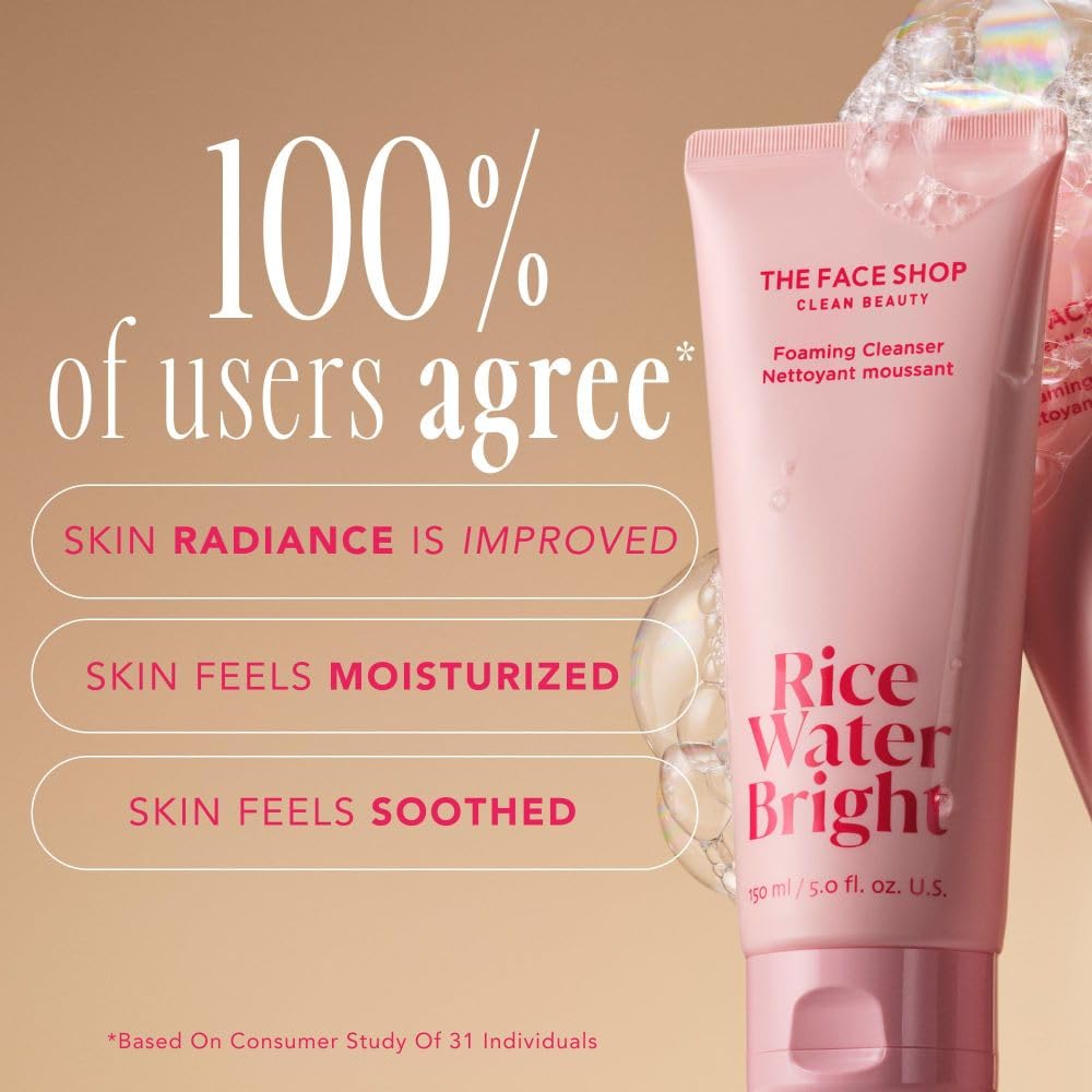 The Face Shop Rice Water Bright Foaming Facial Cleanser with Ceramide – Gentle Hydrating Vegan Face Wash & Makeup Remover