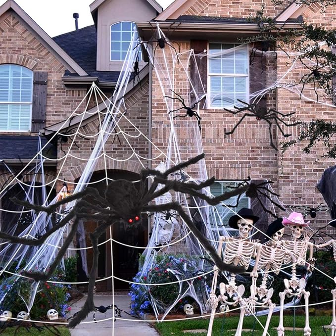 200" Halloween Spider Web with 59" Giant Spider – Triangular Huge Spider Web for Indoor & Outdoor Decorations, Haunted House, Yard, Parties & Costumes