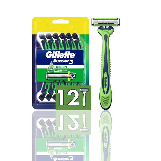 Gillette Sensor3 Sensitive Men's Disposable Razor - 12 Pack | Gentle Shaving with Comfortgel Technology ✨ - Ballimart