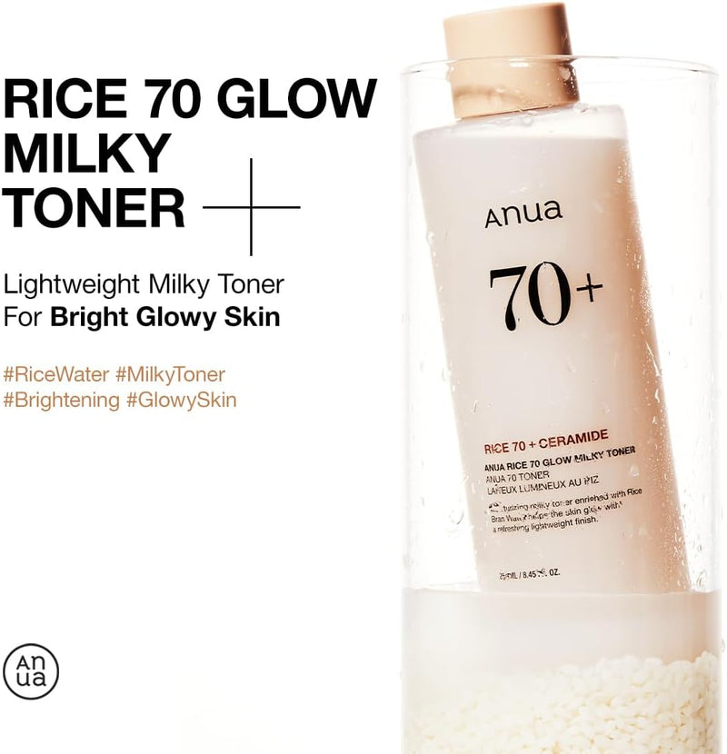 ANUA Rice 70 Glow Milky Toner | Hydrating & Brightening Korean Skin Care with Rice Water, Niacinamide & Ceramides | Non-Comedogenic, Fungal Acne Safe, 250ml