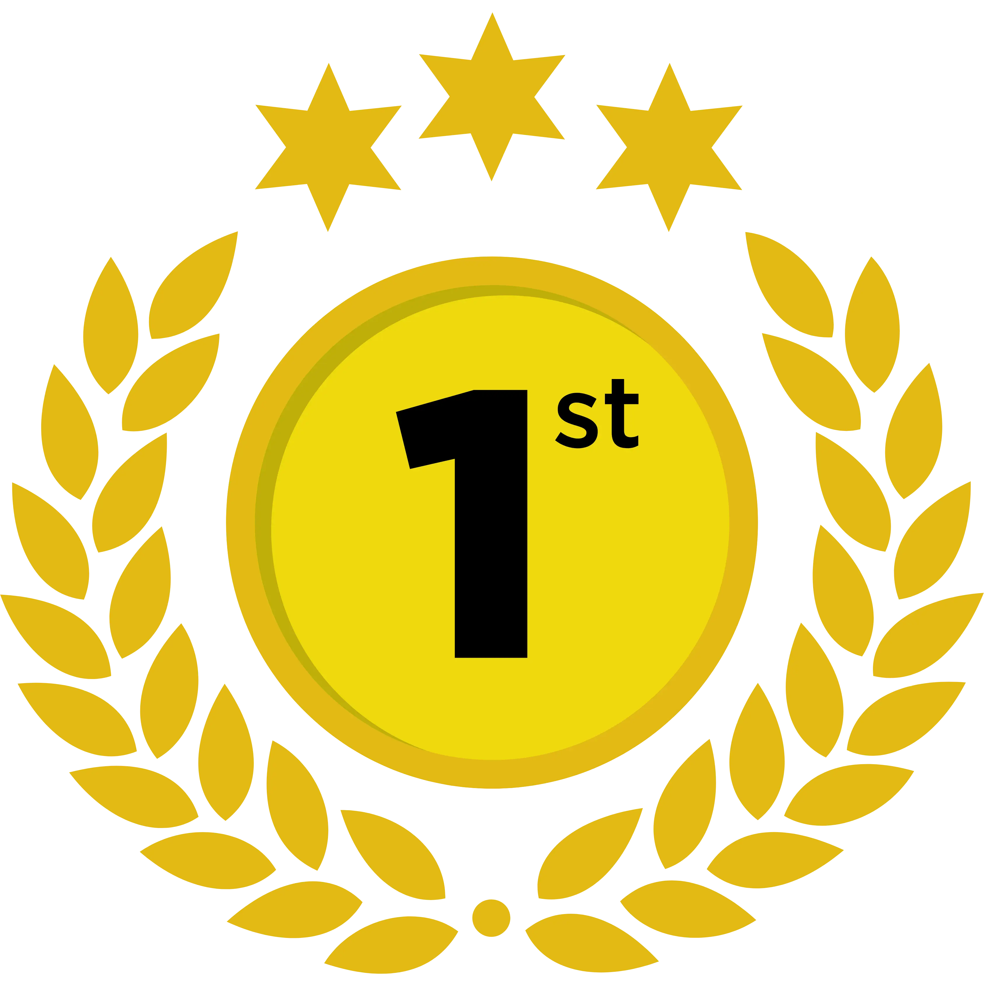 Gold medal with '1st' and laurel wreath on a white background